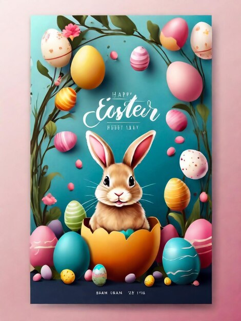 Carte de vœux de Pâques avec différents lapins de Pâque mignons œufs de Pâles avec motif dessiné à la main et phrase lettrée à la main Bonne Pâque Color illustration vectorielle de dessin animé plat sur fond blanc