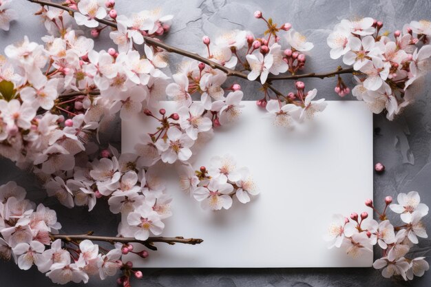 Photo carte de vœux de pâques maquette blanche avec des branches d'arbres et des fleurs