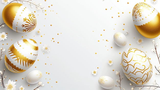 Carte de vœux de Pâques avec des œufs blancs et dorés sur fond blanc avec un espace de copie