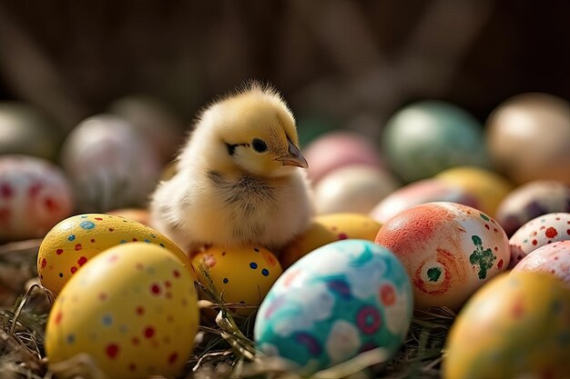 Carte de vœux de Pâques avec des œufs de Pâque colorés et un mignon poussin