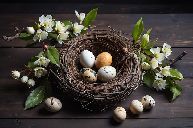 Carte de vœux de Pâques rustique sombre avec des œufs de caille dans le nid et une branche de cerise en fleur Fond en bois foncé Pâques temps de vacances Copier l'espace