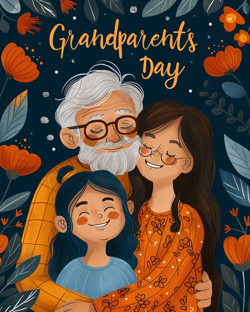 Carte de vœux pour la fête des grands-parents avec une illustration familiale