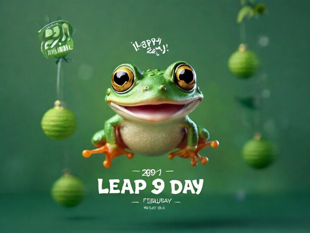 Carte de vœux pour le jour du saut avec une jolie grenouille verte qui saute et un texte pour le jour de saut heureux