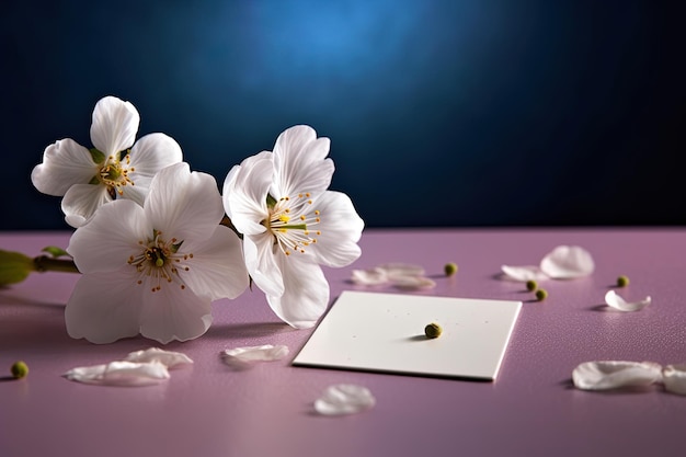 Carte de vœux pour des occasions spéciales avec des fleurs blanches et un fond bleu