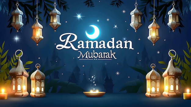 Photo carte de vœux pour le ramadan avec des lanternes brillantes