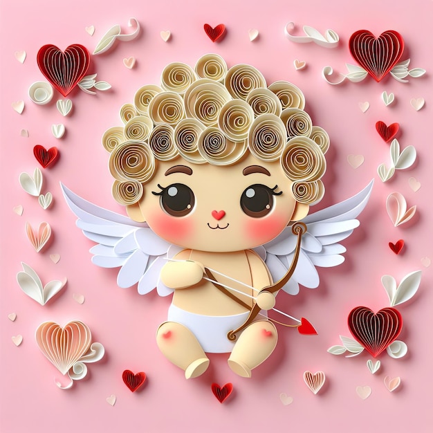 Carte de vœux pour la Saint-Valentin avec un mignon Cupidon sur fond rose Carte en papier Quilling