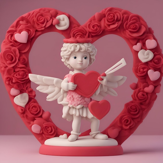 Carte de voeux Saint Valentin Cupidon avec un rendu 3D coeur rouge