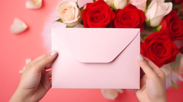 Carte de voeux Saint Valentin dans une enveloppe de main de femme pour les roses de carte de voeux Saint Valentin