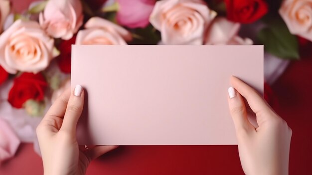 Carte de voeux Saint Valentin dans une enveloppe de main de femme pour les roses de carte de voeux Saint Valentin