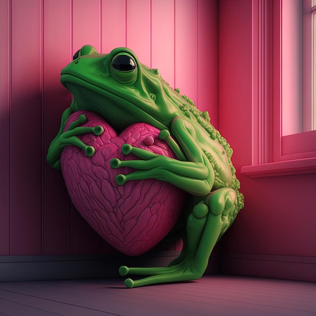 Carte de voeux Saint Valentin avec grenouille tenant le coeur La grenouille romantique offre l'amour en étreignant le coeur Generative AI