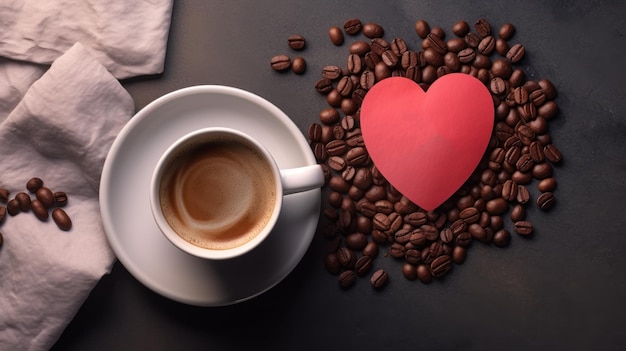 Carte de vœux de la Saint-Valentin avec une tasse de café sur fond de pierre Vue supérieure