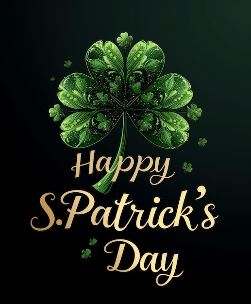 Carte de vœux avec texte Joyeux jour de Saint Patrick style vert fond noir trèfle culture irlandaise