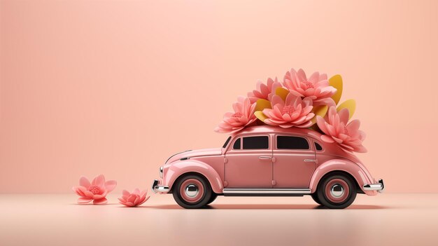 Carte de vœux voiture rétro livraison de fleurs concept d'humeur de vacances Jour de la femme fond rose