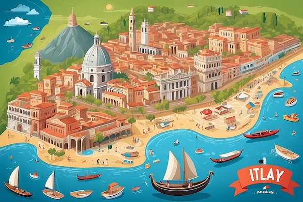 Photo carte de voyage colorée de l'italie avec des symboles d'attraction mots italiens pour venise mont vésuve milan naples