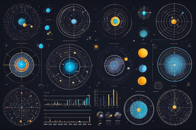 Cartes astronomiques et modèles pour des expériences de physique illustration vectorielle en style plat