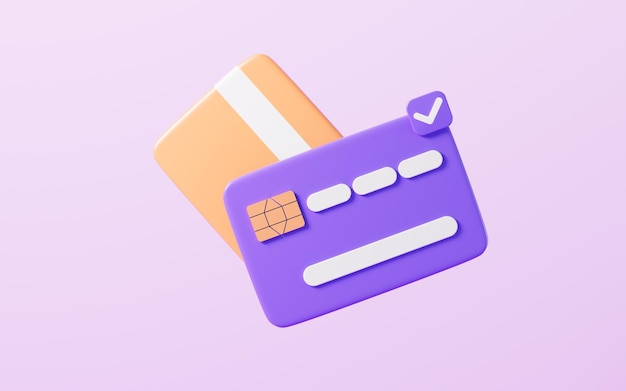 Des cartes bancaires de dessins animés isolées sur le fond violet rendu 3D