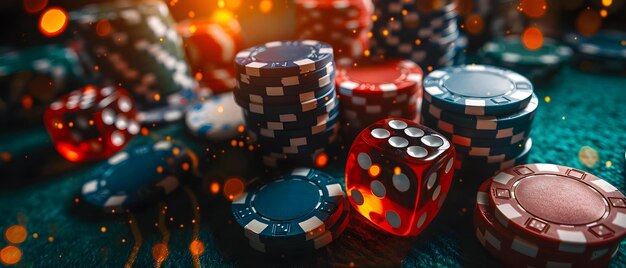 Des cartes de casino, des jetons et des dés sur un fond noir symbolisant la richesse et le succès dans le jeu Concept Gambling Casino Lifestyle Wealthy Aesthetics High Stakes Gaming