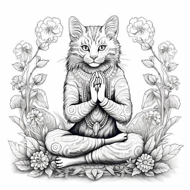 Photo cartes à colorier mandala meowga zen avec des chats de yoga pour adultes