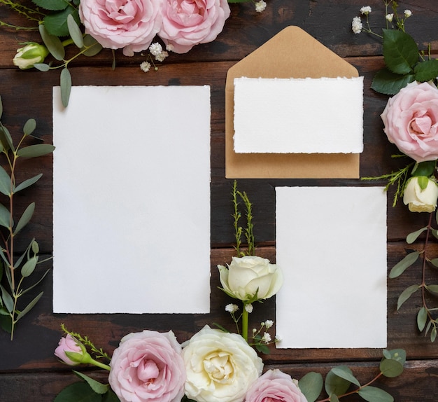 Photo cartes et enveloppe entre roses roses et crème sur maquette de mariage vue de dessus en bois marron