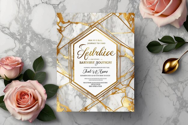 Photo des cartes d'invitation de mariage de luxe avec une texture de marbre doré et un modèle de conception vectorielle de motif géométrique