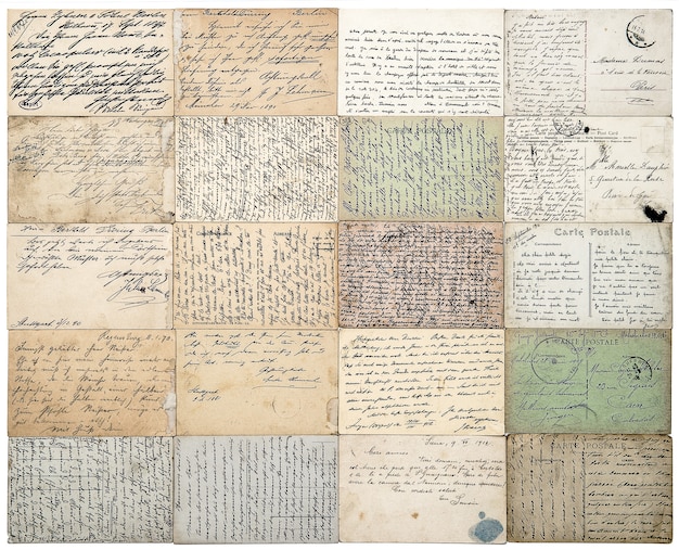 Cartes postales anciennes. vieux textes manuscrits indéfinis de ca. 1900. fond de papiers vintage grunge. carte postale française