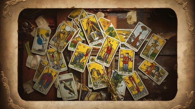 Photo des cartes de tarot anciennes dans le désordre.