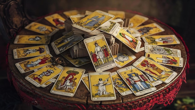 Photo des cartes de tarot anciennes dans le désordre.