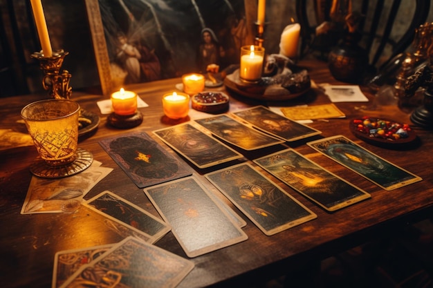 Cartes de tarot et bougies allumées sur une table en bois la nuit Fortune racontant et lisant le futur horoscope astrologique concept ésotérique et spirituel