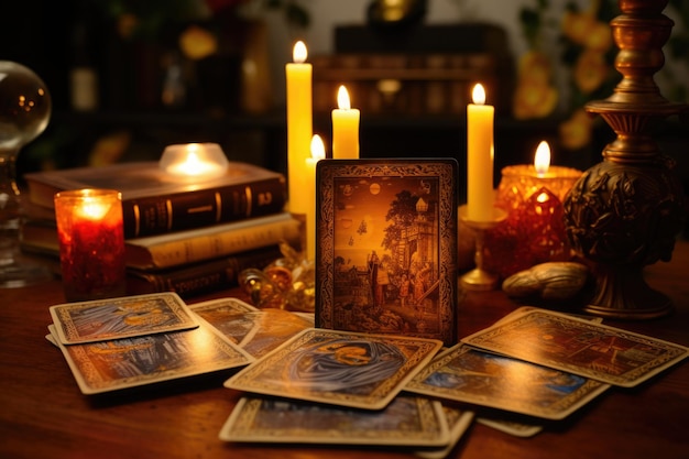 Cartes de tarot et bougies allumées sur une table en bois la nuit Fortune racontant et lisant le futur horoscope astrologique concept ésotérique et spirituel