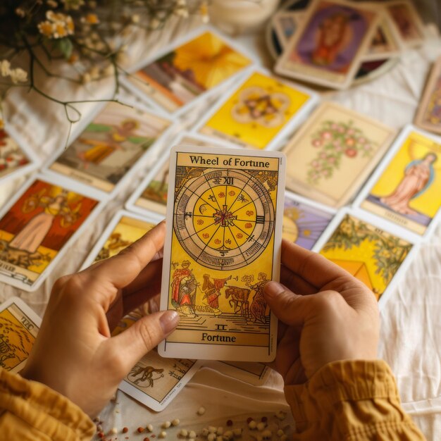 Des cartes de tarot élégamment exposées, éclairées par la lumière naturelle, méticuleusement disposées sur une surface immaculée