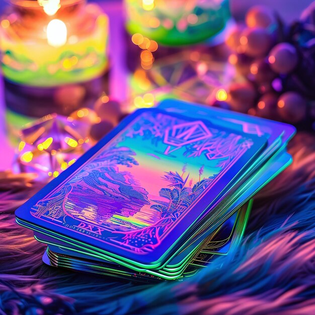 Des cartes de tarot lumineuses au néon sur un fond festif