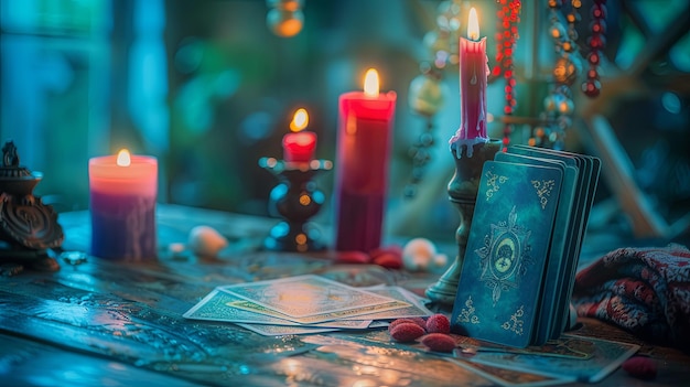 Des cartes de tarot mystiques avec des bougies et des cristaux