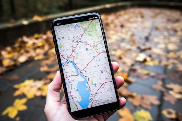 Photo cartes touristiques de la pologne avec un téléphone portable pour la navigation et l'exploration