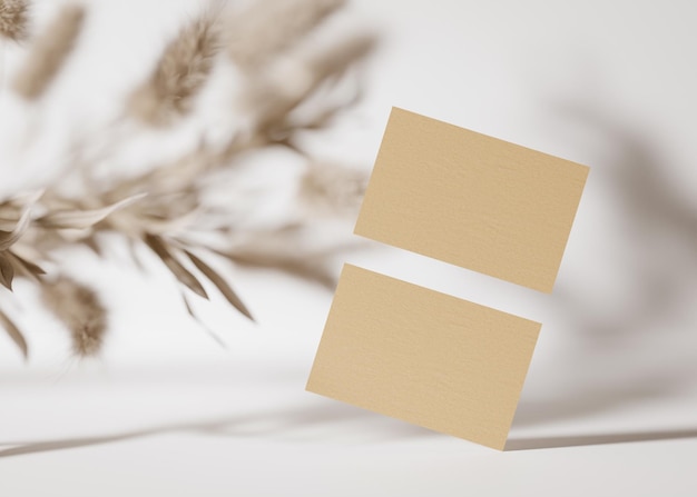 Cartes de visite en carton marron vierges sur fond blanc avec des plantes séchées Maquette pour l'identité de marque Deux cartes pour montrer les deux côtés Modèle pour les graphistes Espace de copie gratuit Rendu 3D