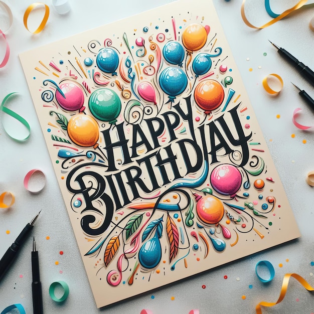 Cartes de vœux d'anniversaire heureux et affiche avec des confettis de ballons et un modèle de conception de boîte à cadeaux pour la célébration d'un anniversaire Générez Ai