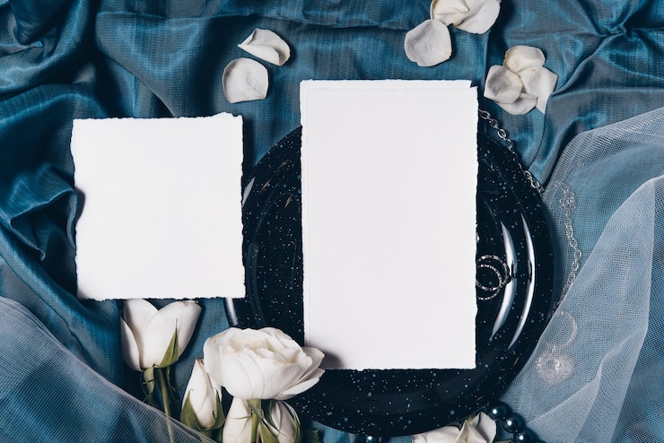 Photo cartes de voeux de mariage maquettes avec vue de dessus à plat posées sur un fond rose pour votre texte