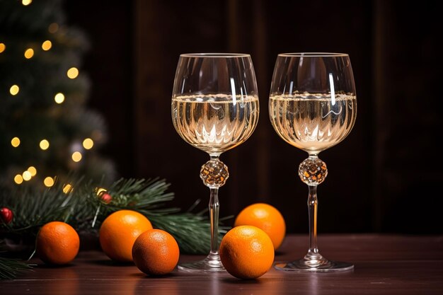 Cartes de vœux de Noël verres de champagne arbre de Noël et cadeaux boissons de fête et Noël