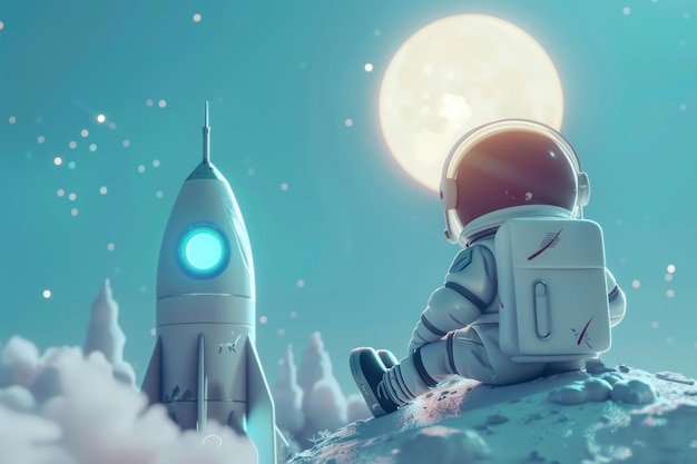 Cartoon 3D d'un astronaute et d'une fusée avec la lune AI générative