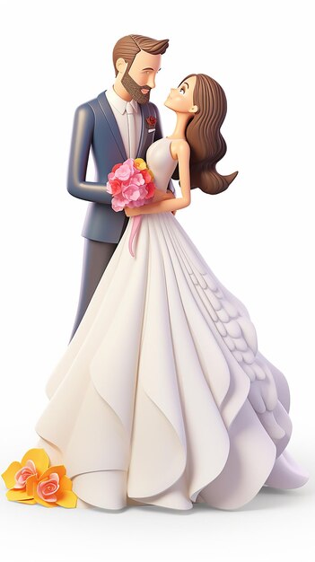 Photo cartoon 3d cérémonie de mariage heureux mariée et marié