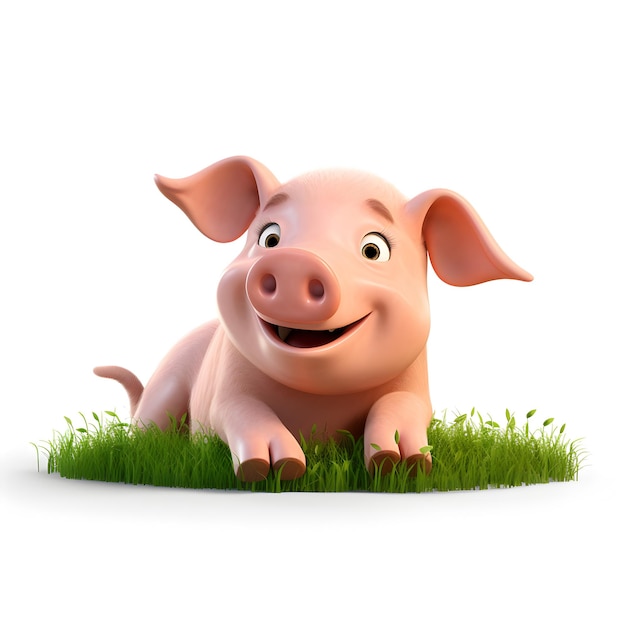 Cartoon 3d cochon sur l'herbe isolé sur blanc