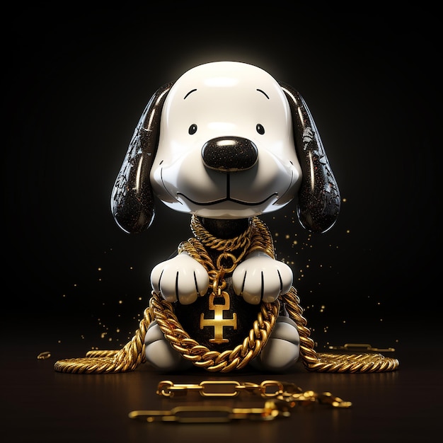 Cartoon 3D du chien Snoopy avec une chaîne d'or et de diamants brillants dans le style hip hop