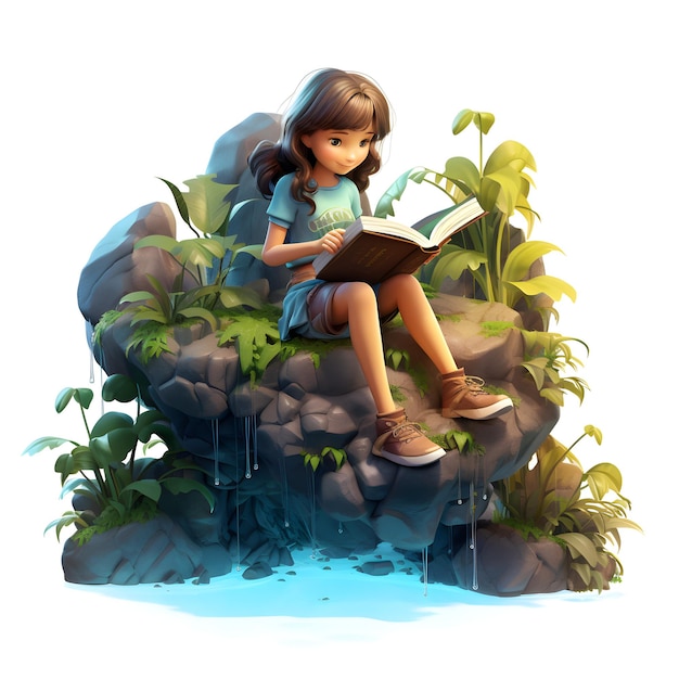 Cartoon 3D d'une fille lisant un livre isolé sur blanc