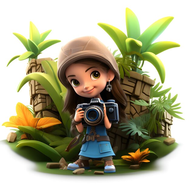 Cartoon 3D d'une fille qui prend une photo dans la jungle isolée sur blanc