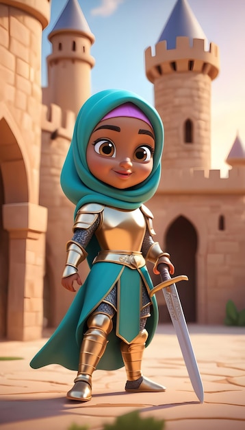 Cartoon 3D légendaire arabe musulmane fille chevalier