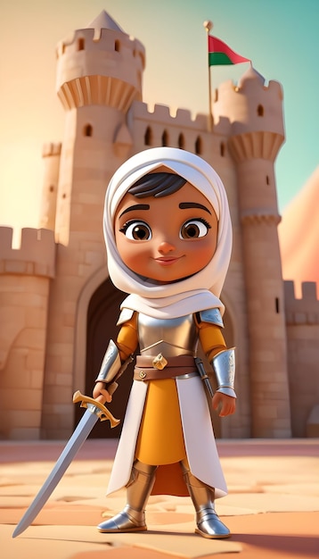 Cartoon 3D légendaire arabe musulmane fille chevalier