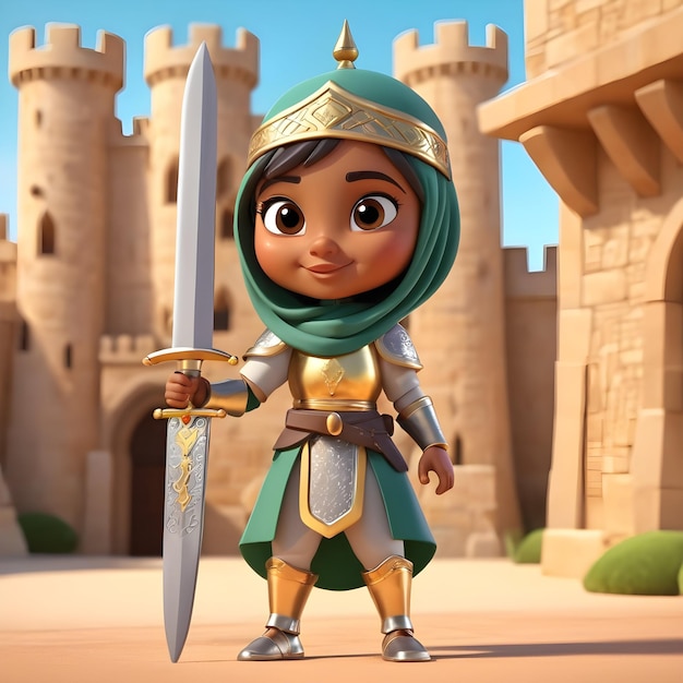 Cartoon 3D légendaire arabe musulmane fille chevalier