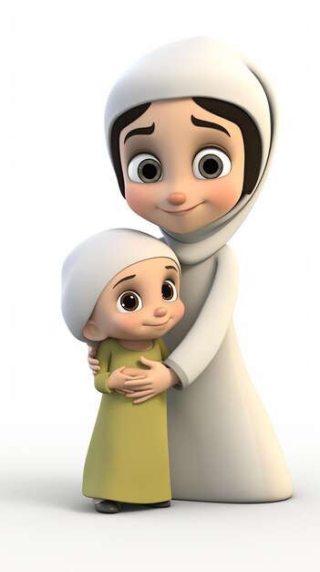Cartoon en 3D d'une mère musulmane étreignant son fils sur un fond blanc