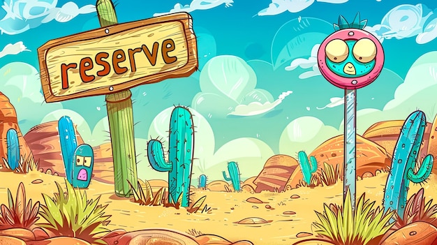 Photo cartoon coloré d'une scène de désert ludique avec un panneau de réserve bizarre