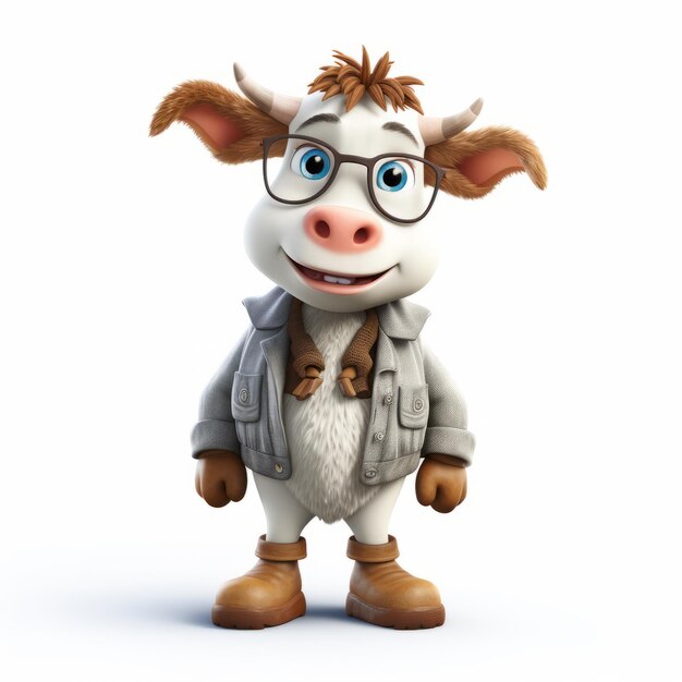 Photo cartoon cow 3d rend le jeune protagoniste avec des lunettes dans le style villageois