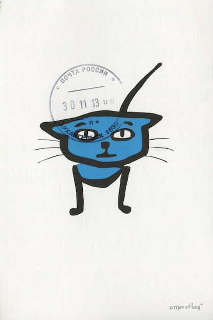 Photo a cartoon drawing of a blue cat with a hat on it